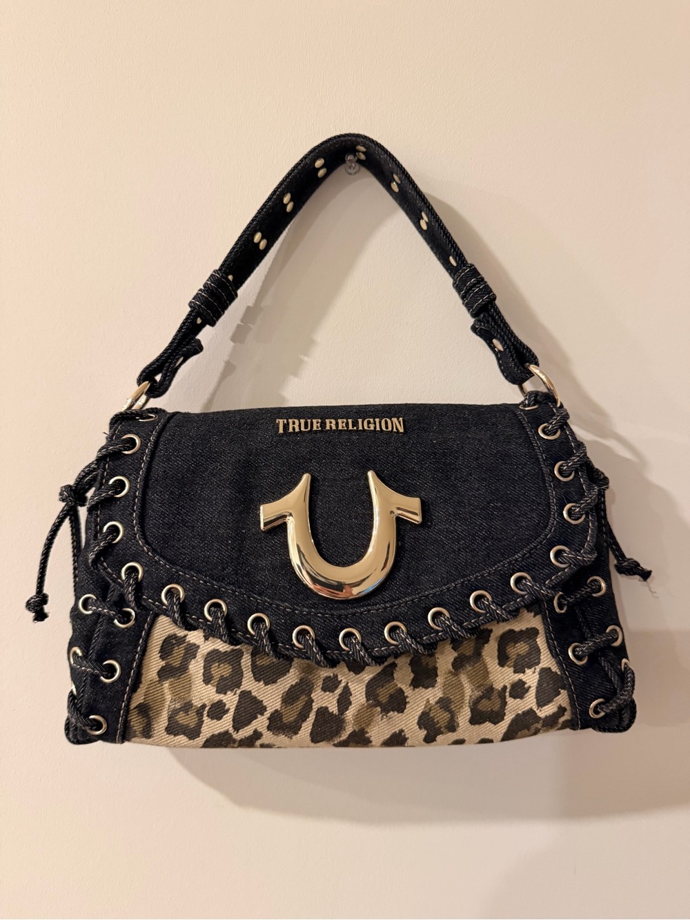 True Religion Black Denim Shoulder Bag with Leopard Accent